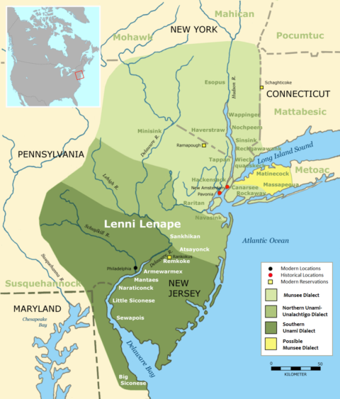 Map of the Northeast U.S. with shading representing Tribal dialects stretching from parts of New York down to New Jersey.