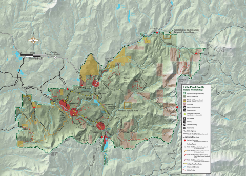 Little Pend Oreille National Wildlife Refuge hunting map showes the approved refuge boundaries, and identifies private land and Washington Department of Natural Resource land within the approved refuge boundary. The Refuge is located 6 miles east of Coville. The refuge is covered in labeled bodies of water, including McDowell Lake and Bayley Lake within the Refuge boundaries. The map identifies dispersed campsites, refuge entrances, refuge headquarters, restrooms, hiking trails, fishing locations, wildilfe