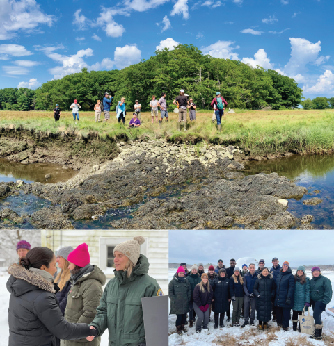 Photo collage of New Hampshire partners in a salt marsh, shaking hands at a site visit with the SOI, and posing for a group photo