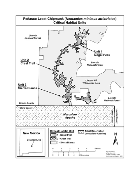 The map shows the three units of the Peñasco least chipmunk’s designated critical habitat. The entire 4,385.94 acres are on U.S. Forest Service land within the Lincoln National Forest, New Mexico. The first unit is called Nogal Peak and is the farthest north. The second unit is Crest Trail and is south of the first unit. The third and final unit is Sierra Blanca and some of it boarders the Mescalero Apache Tribal land.