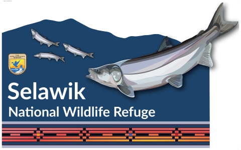 A blue sign with "Selawik National Wildlife Refuge" in text and an illustration of sheefish with a geometric design at the bottom