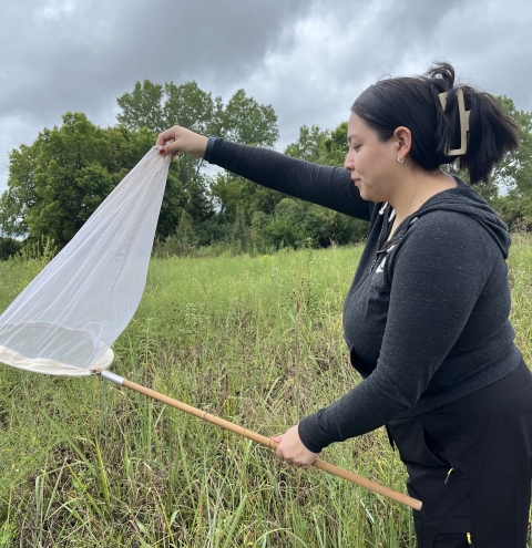 Aaliyah holding an insect net in the field of tall grass with tree in the background