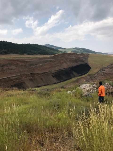 Person in orange jacket stands on an elevated grassland looking towards a mine on a cloudy day.