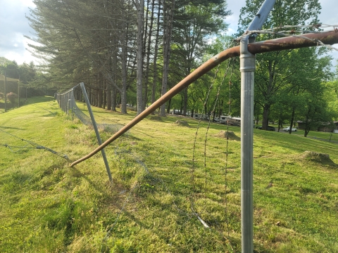 Hatchery fence destroyed by high winds and downed trees