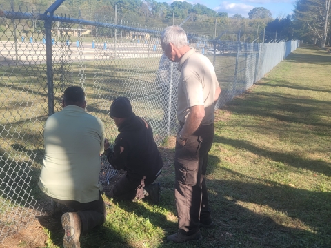 Hatchery staff sewing together the final section of a thousand foot chain-link fence repair