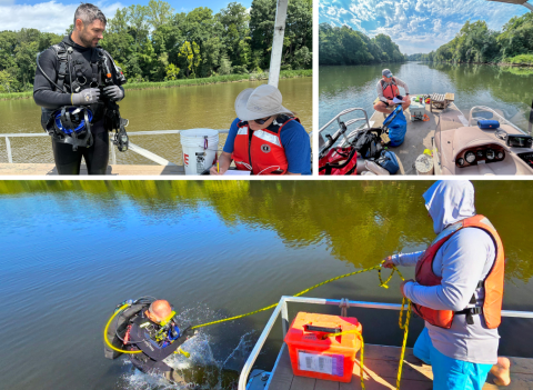 A collage of images show a man in dive gear standing on a boat next to a woman recording data, a man sitting alone on the deck of a boat surrounded by gear, and a man on a boat holding a rope to a diver emerging from the water. 