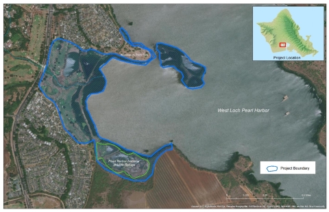 A map of Pearl Harbor showing the proposed project area in blue. The outlined area sits along the west side of the West Loch are of Pearl Harbor.