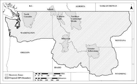 Map showing boundary of new proposed grizzly bear Distinct Population Segment - all of Washington, and parts of Idaho (N), Montana (W+Cenral), and Wyoming (NE)