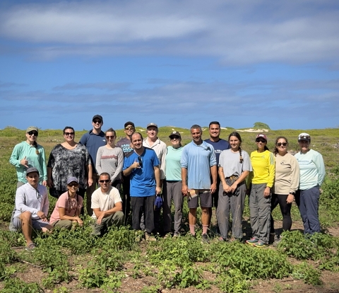 Volunteers from PIFWO pose for a photo along green grass