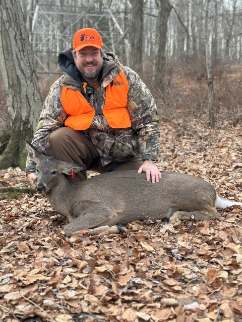 Mentee Bryan with his harvested doe as part of the Field to Fork mentored rifle deer hunt at Cherry Valley National Wildlife Refuge in December 2024