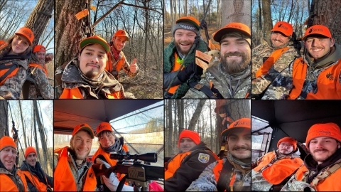 Mentees and Mentors in the Field to Fork mentored rifle deer hunt pose for a selfie in their stands at Cherry Valley National Wildlife Refuge in December 2024.