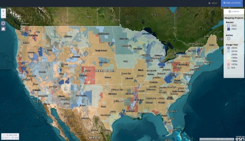 Imager of NWI's Status Mapper showing both recent and active mapping projects as well as the current age of NWI imagery across the U.S. 