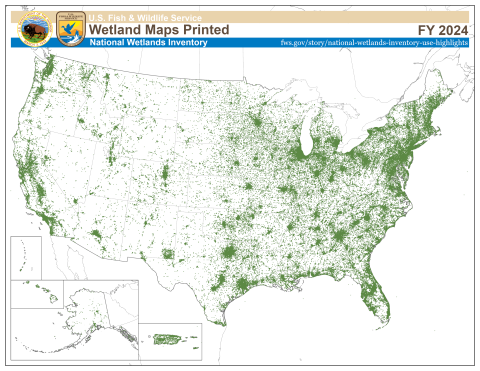 Map displaying locations in the U.S. where maps were printed off the National Wetlands Inventory Mapper.