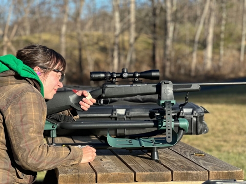 Mentee Anna during range practice as part of the Field to Fork mentored rifle deer hunt at Cherry Valley National Wildlife Refuge in December 2024.