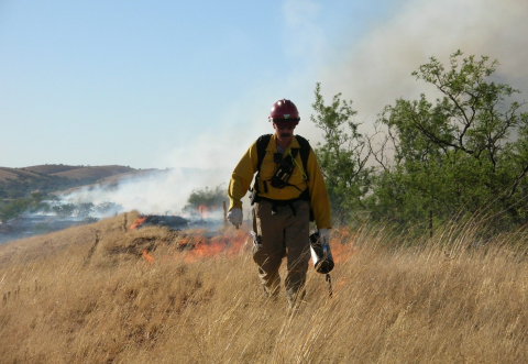 A firefighter walking through a grassland with a fire burning behind them