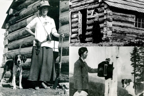 A collage of old black and white photographs of a woman posing as she performed her duties as a fire lookout.