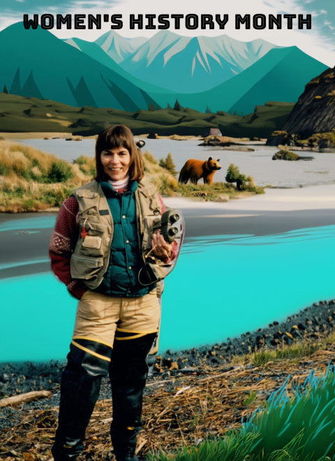 blended photograph and graphic depicts a woman dressed in outdoor gear standing next to a stream with painted mountains and a bear behind her. Text on the image says Women’s History Month.