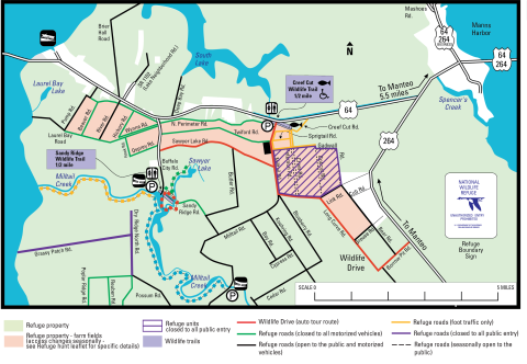 A complex map showing refuge property, roads, and trails, and marking which ones are open to motorized vehicles, closed to motorized vehicles, or closed to all entry. For accessibility, please call 252-473-1131.