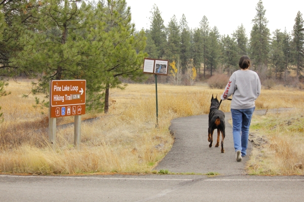 Young lady walking her dog on Turnbull Pine Lake Loop Trail.