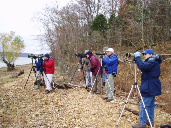 An image of a group of people looking through spotting scopes.