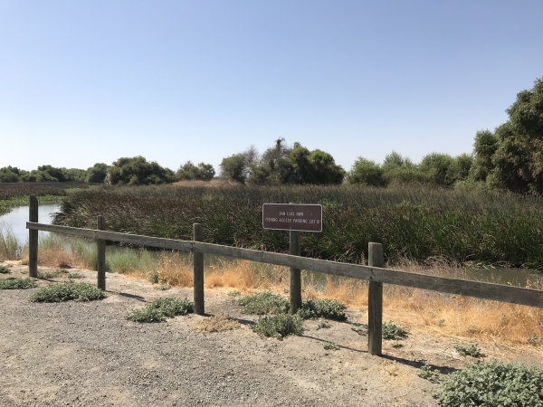 Creek with an informational sign for fishing access.