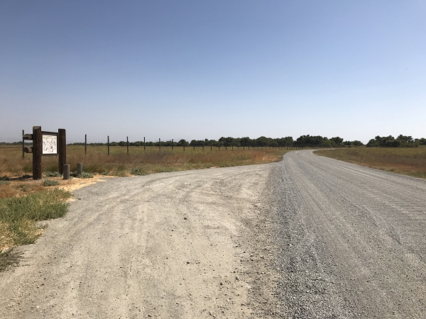 Gravel road with informational sign on shoulder.