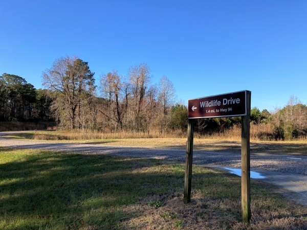 A "Wildlife Drive" sign points down a gravel road