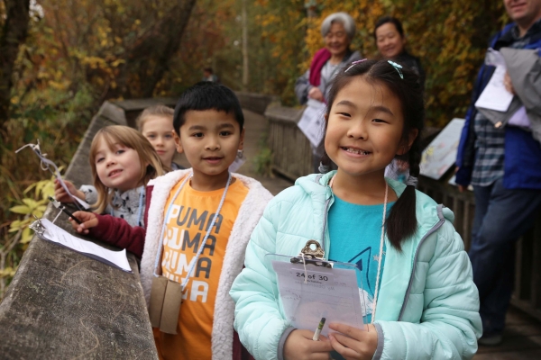 First grade students enjoying a guided walk on the boardwalk at Billy Frank Jr. Nisqually National Wildlife Refuge