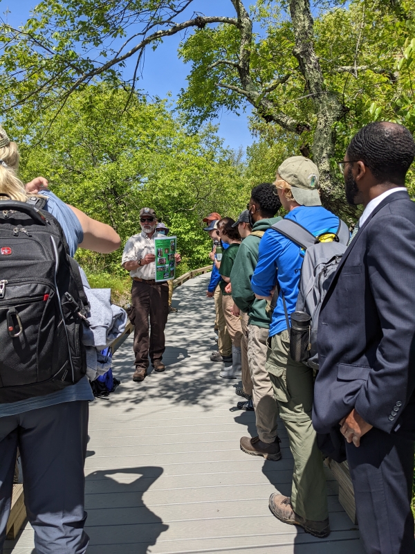 Image of visitors attending walking tour on boardwalk