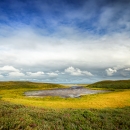 Large pool of water surrounded by low tundra grasses under cloud covered sky.