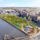 an aerial drawing of a riverside park near a large city