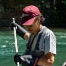 A service intern wearing waders stands in a river with a pole net, ready to scoop up fish.