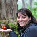 A woman in a forested setting, smiling as she holds a small red bird in the palm of her hand