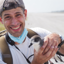 A caucasian man standing on a shoreline wearing a backwards baseball cap, holding a Bonin Petrel up for the camera and smiling.