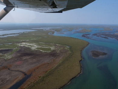 An aerial photo of wetlands and coastline near the Beaufort Sea