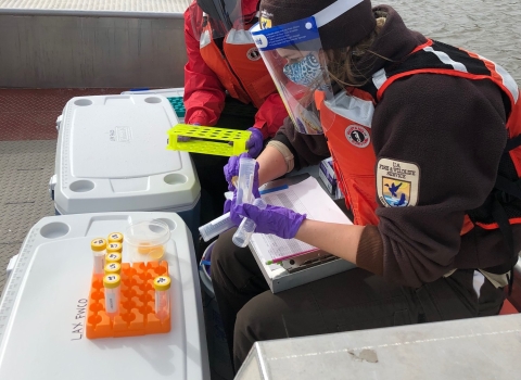 Biologists prepare tubes for water samples during an eDNA sampling event.