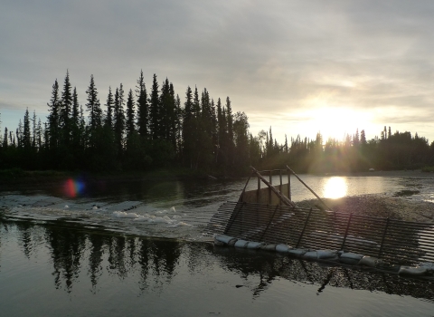 a weir across a river with a low setting sun