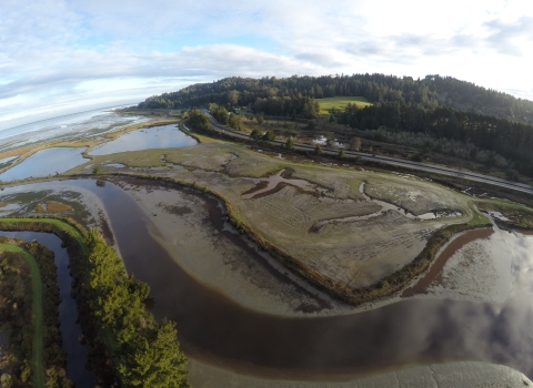 Aerial view of water and land split up