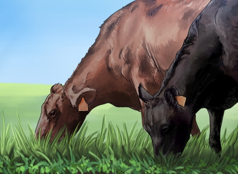 Illustration of two brown cows grazing at the edge of a pool