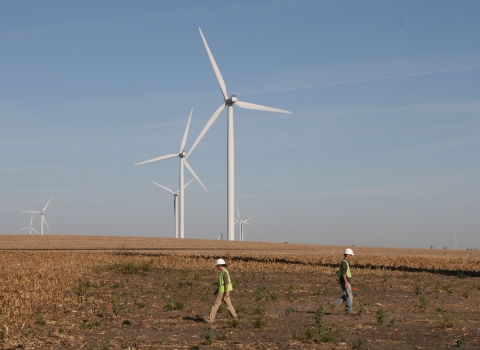 People searching a plot around a wind turbine with wind turbines in the background.