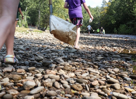 Students walking across a broad, rocky beach to a shallow river