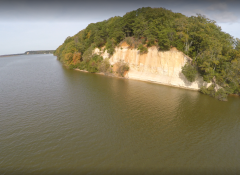 White cliffs capped with bright green trees. The cliffs are adjacent to a wide river. 