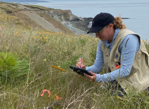 Julie Combs writes on clipboard while looking at vegation. 