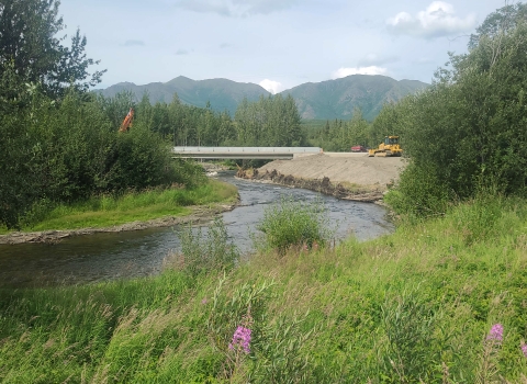 a bridge over a river in the distance with mountains in the background and pink fireweed flowers in the foreground