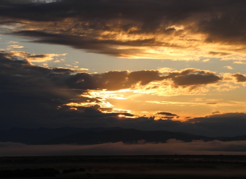 A mix of clouds and fog with a yellow sunrise peeking through.