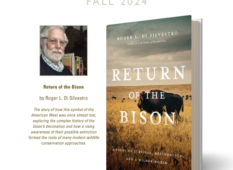 Poster for America's Wild Read with head and shoulder image of author and book cover for Return of the Bison