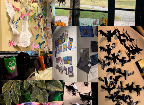 A group of picture displaying student art when creating bats for display at Mammoth Spring National Fish Hatchery