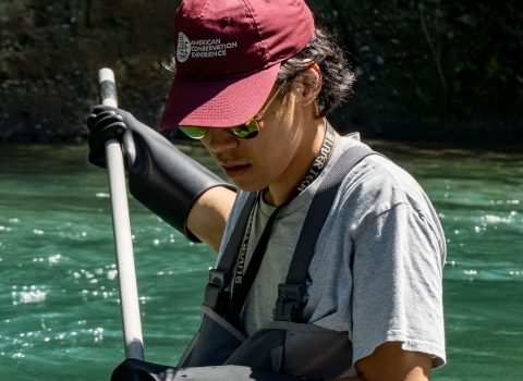 A service intern wearing waders stands in a river with a pole net, ready to scoop up fish. 