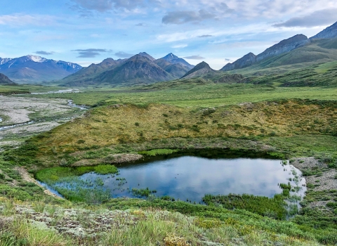 Green plains and a lake with a mountain range in the background.